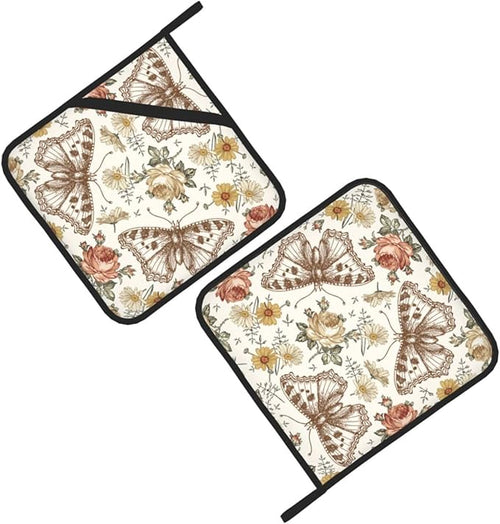 2-PC Retro Butterfly and Flowers Pot Holders, Heat Resistant Hot Pot Pads for Kitchen Camping, Non-Slip Grip Pad Holder with Three Layers Soft Fabric (Beige)