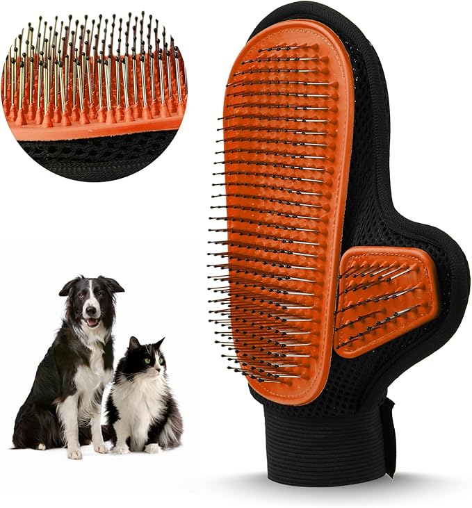 Beenefits 2025 Pet Grooming Glove with Tipped Pin Brush,Special Design Deshedding Glove, Perfect Petting Tool for Sensitive Dogs & Cats with Long & Medium Fur, Massage Mitt - Right-Hand - Orange