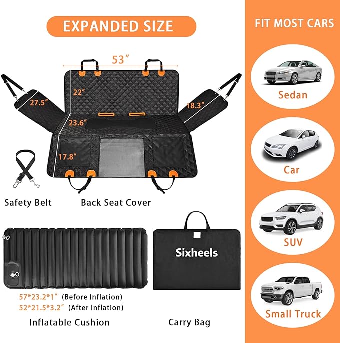 Sixheels Car Back Seat Pet Cover for Dogs Back Seats Protector, Soft Inflatable Cushion Backseat Extender Comfortable Dog Hammock, Waterproof Dog Bed Rear Travel Accessories for Car,SUV,Truck