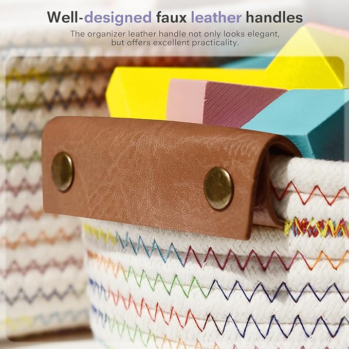 ECDYQXVU 5 Piece Storage Baskets Small Woven Basket with Detachable Leather Handle, Cotton Rope Shelf Baskets for Closet Organizers, Different Sizes Basket Decor, Rainbow