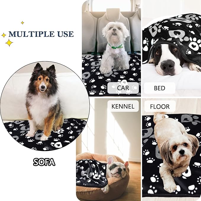 AHOOCUSTOM Dog Blanket, Soft Fleece Dog Blankets for Large Dogs, Fluffy Flannel Pet Cat Puppy Blanket Mat Cover for Bed Couch, Cute Paw Print Throw Blanket for Dogs, Black 60"X50"