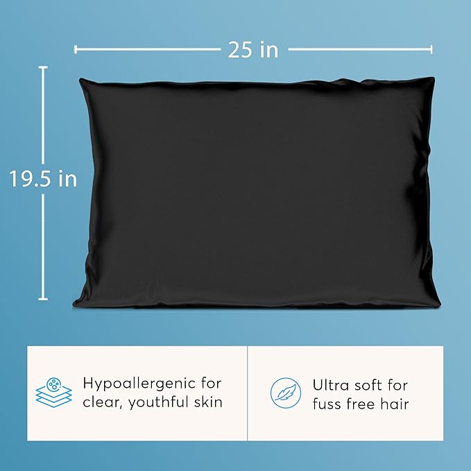 Silver Mirror Silk Sleep Essentials Set in Black: Pillowcase and Eye Mask, 25" x 19.5" Fits Standard Queen Pillow, 22mm 6A Grade, for Gentle Sleep, Anti-Breakage, Tangles, Creases, and Wrinkles
