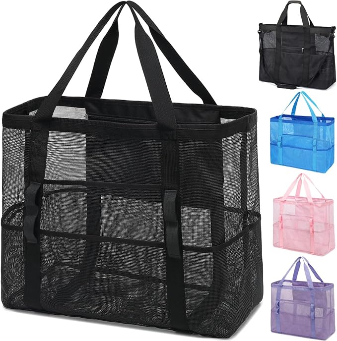 Fammart Mesh Beach Bag, Large Beach Tote with Zipper Pocket for Family Pool Bag for Toys & Vacation Essentials