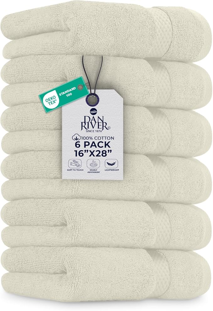 DAN RIVER 6-Pack Premium Hand Towels (16x28 Inches) - 100% Cotton, Ultra Soft, Lightweight, Highly Absorbent Towels for Bathroom, Spa, Gym, Salon, Hotel, and Travel - Ivory