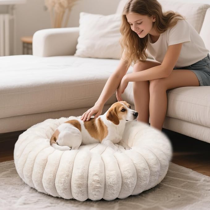 Vhen When Warming Faux Rabbit Fur Pet Beds – Luxurious Donut Dog & Cat Bed, Anti-Anxiety Calming Cuddler Bed for Small Medim Dogs, Washable Round Puppy Kitten Beds, Non-Slip Bottom(36x36x10, White)