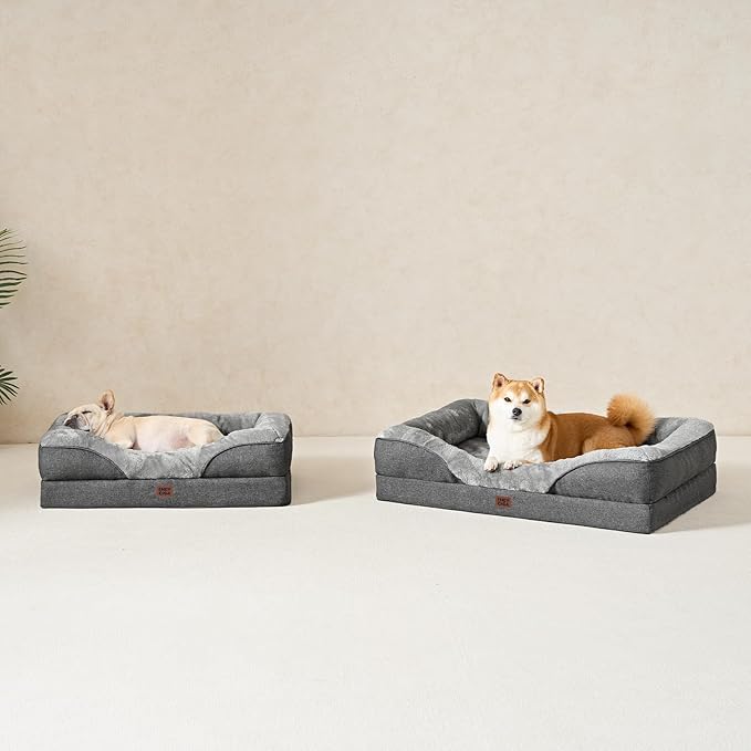 EHEYCIGA Memory Foam Dog Bed for Large Sized, Orthopedic Dog Sofa with Sides and Waterproof Liner, Washable Bolster Pet Couch with Removable Cover, 41x27x7.5 Inch, Grey