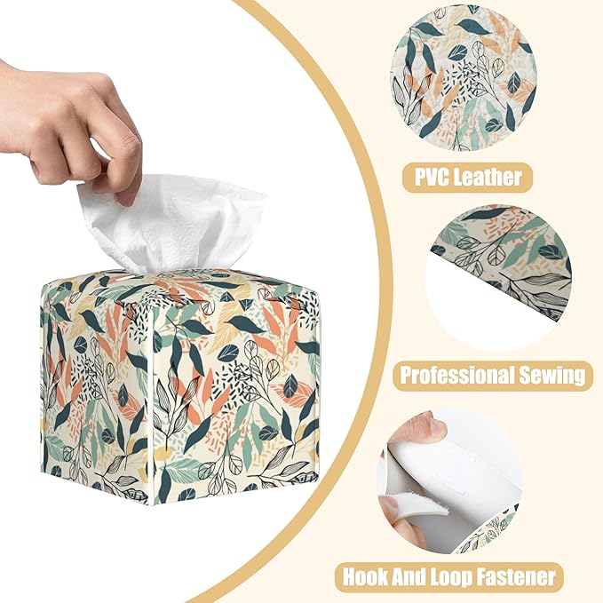 BLYKVGHQ Boho Leaves Tissue Box Cover Square, Tissue Box Holder with Bottom Belt Leather Facial Paper Organizer Dispenser for Bathroom Bedroom Dresser Night Stand Tabletop