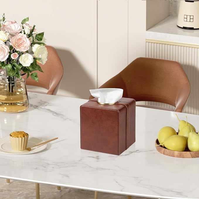 Cretkhp Luxury Square Tissue Box Cover, PU Leather Tissue Box Holder with Magnetic Closure and Gold Decorative Grommets for Bathroom Bedroom, Decorative Elegant Cube Tissue Holder (Brown)