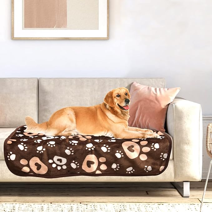 AHOOCUSTOM Dog Blanket, Soft Fleece Dog Blankets for Large Dogs, Fluffy Flannel Pet Cat Puppy Blanket Mat Cover for Bed Couch, Cute Paw Print Throw Blanket for Dogs, Brown 60"X50"