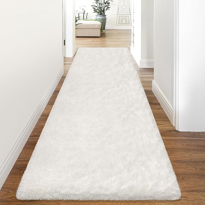 3x10 Feet White Soft Shag Runner Rug for Bedroom Fuzzy Fluffy Rugs with Non-Slip Bottom for Hallway Bedside Living Room Dorm, Furry Area Rug for Nursery Playroom Indoor Home Decor