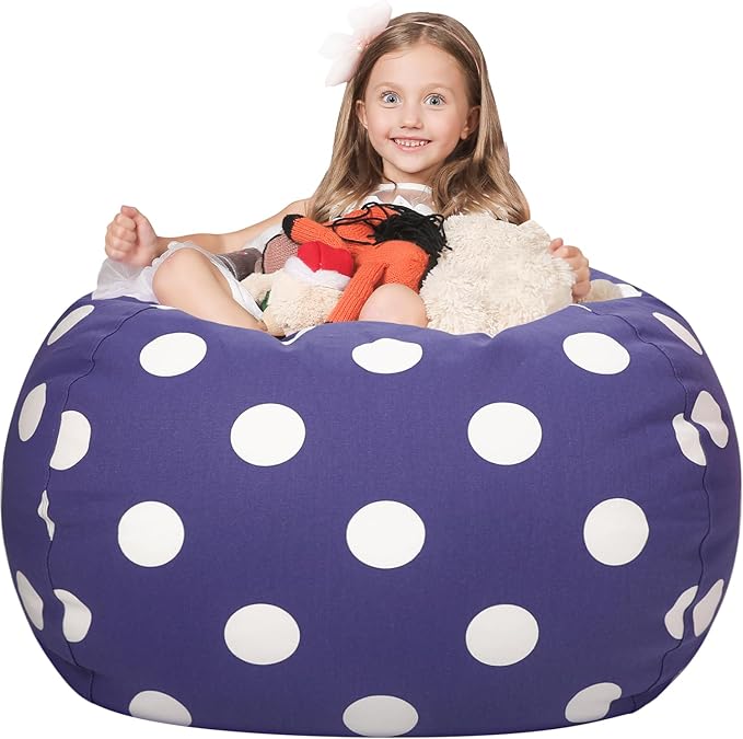WEKAPO Stuffed Animal Storage Bean Bag Chair Cover for Kids | Stuffable Zipper Beanbag for Organizing Children Plush Toys Large Premium Cotton Canvas (Navy Dot, XX-Large)