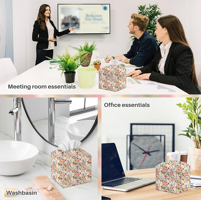 Tissue Box Cover, Tissue Box Holder, Square with Belt Bottom, PU Leather Decorative Organizer for Desk, Countertop Bathroom, Living Room ,Toilet Car, Office, Dresser Bedside, Aesthetic Floral Decor