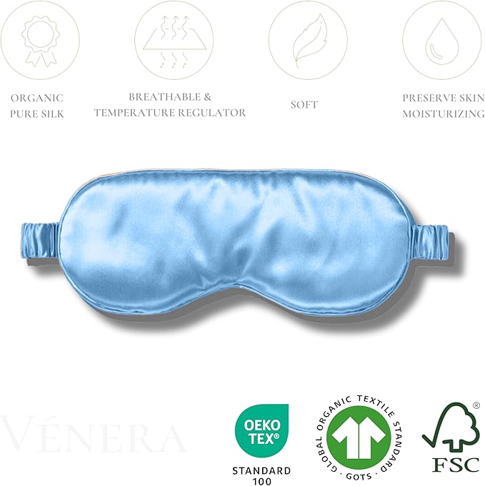 Vénera Silk Sleep Mask - 100% Pure 22 Momme Mulberry Silk Eye Sleeping Mask for Women and Men - Blackout Eye Mask for Sleeping (Blue)