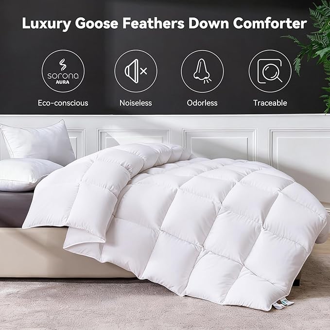Goose Feather Down Fiber Comforter Full Size, Ultra Soft Medium Warm Duvet Insert, All Season Luxury Hotel Bedding Comforters with Corner Tabs(White,82x86)