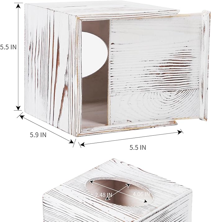 CATORY Tissue Box Cover, Wood Tissue Box Cover Square, Farmhouse Tissue Box Holder Covers Your Tissues, Decorative Tissue Cube Box Cover with Slide-Out Bottom (White)