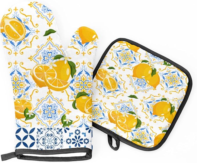 Oven Mitts and Pot Holders Set Ethnic Lemon - Heat Resistant Oven Gloves Potholder for BBQ Baking Grilling Cooking Kitchen Set of 2,Citrus Lemon Flower