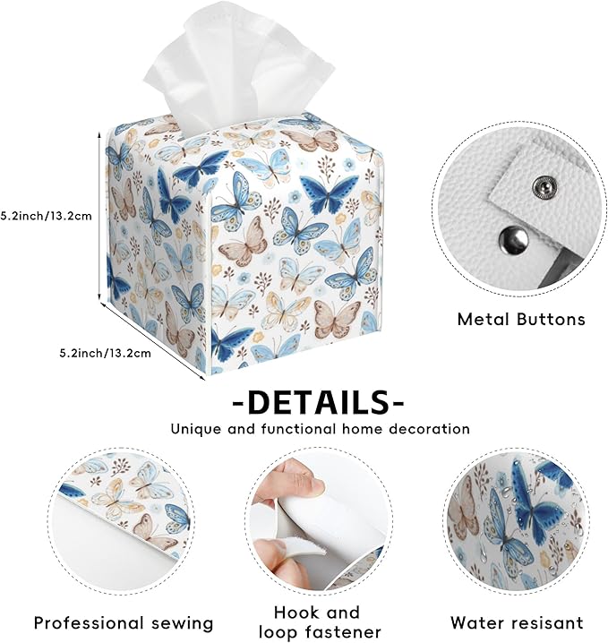 Vintage Butterflies Tissue Box Cover,Blue Butterfly PU Leather Tissue Box Holder Square,Modern Home Decoration for Bathroom Living Room Kitchen Office Car,5.2"×5.2"×5.2"