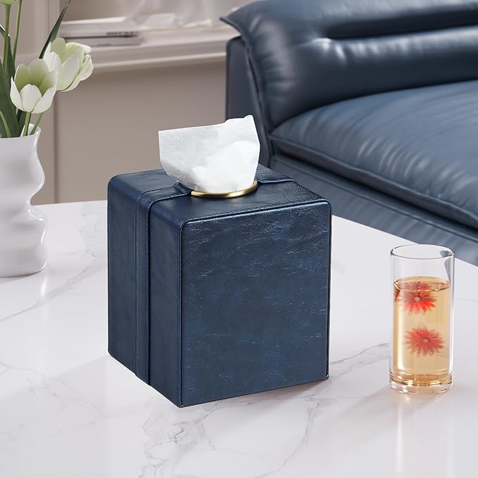 Cretkhp Luxury Square Tissue Box Cover, PU Leather Tissue Box Holder with Magnetic Closure and Gold Decorative Grommets for Bathroom Bedroom, Decorative Elegant Cube Tissue Holder (Blue)