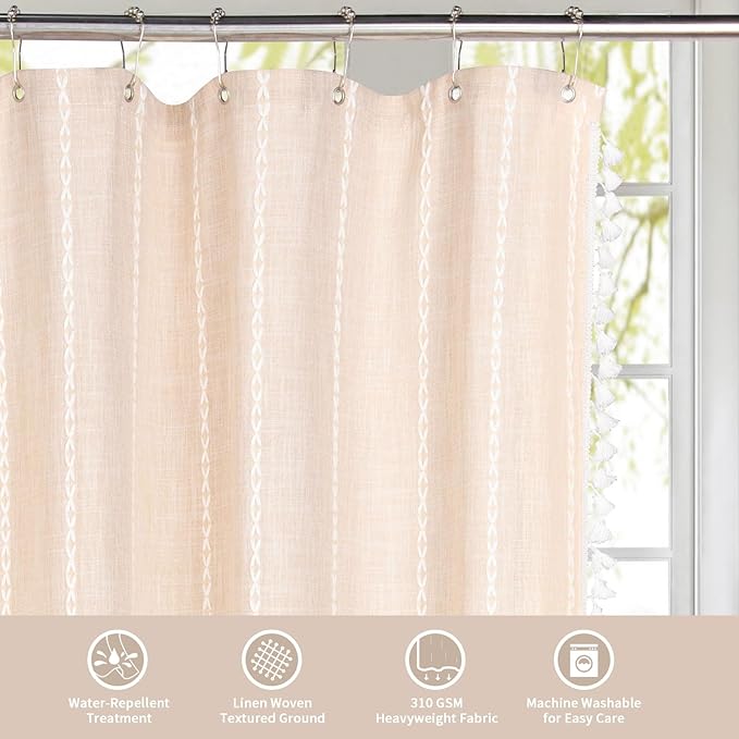 MitoVilla Boho Extra Long Shower Curtain 72 x 84, Beige 84 inch XL Polyester Linen Fabric Shower Curtain Set with Tassel for Vintage Country Farmhouse Bathroom Decor, Thick & Wrinkle Resistant, Cream