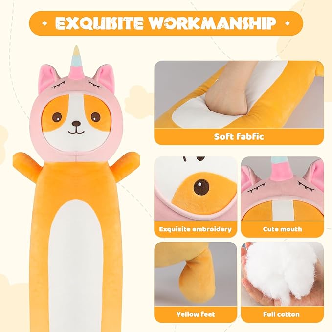 HAIJUNYA 22 Inch Kawaii Unicorn Dog Long Plush Body Pillow Toy, Soft Corgi Shiba Inu Plushies with Stuffy Unicorn Outfit Big Stuffed Animals Gift for Kids Boys Girls, Birthday, Halloween, Christmas