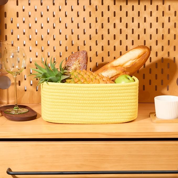 MiniArk Small Storage Baskets for Organizing | Closet Organizer Bins | Shelf Toy Basket | Woven Rope Baskets | Cube Decorative Box | Shallow Basket | 11.5x7.5x4.7” | 3 Packs Yellow