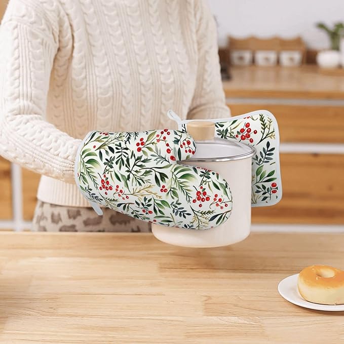 Oven Mitts and Potholders Cartoon Cat Silicone Glove Heat Resistant, Kitchen Gloves for Cooking, 2-Piece Set