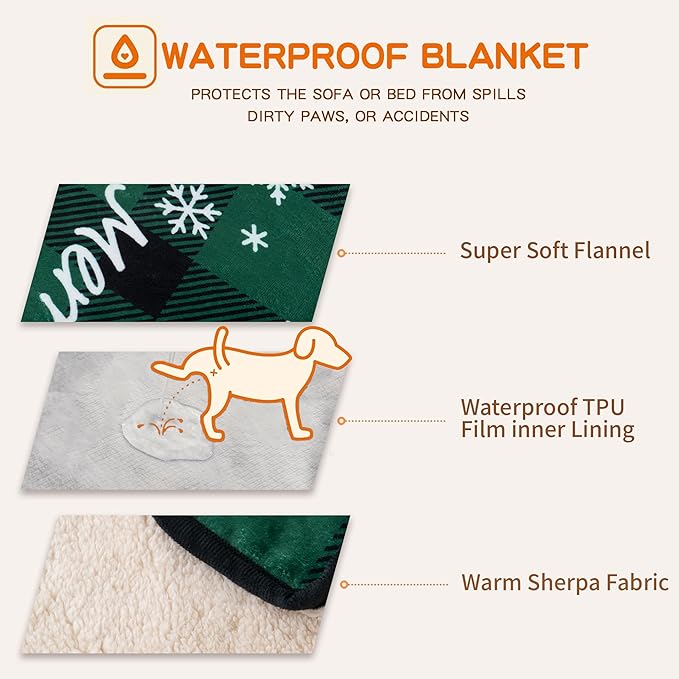 CAPT.SNOOZE Waterproof Dog Blankets Pet Blanket 50"x60", Soft Fluffy Sofa Car Bed Protector, Reversible Sherpa Fleece Dog Blanket for Large Dogs Christmas Decor(Christmas Green)