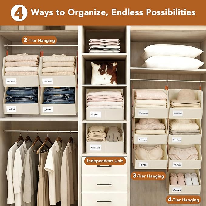 Baesyhom 4 Pcs Modular Closet Organizer - Detachable & Foldable Hanging Storage Cubes, 88L Total Capacity, Heavy Duty Fabric Shelves for Wardrobe, Closet Organization, RV, Dorm, Beige