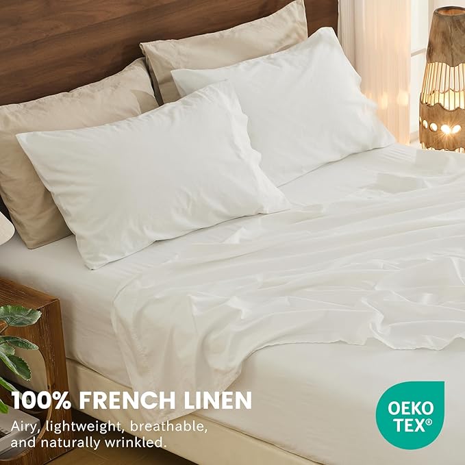 Bedlifes 100% French Linen Sheets King Size 18-24”Extra Deep Pocket 4-Piece Set Breathable & Moisture-Wicking,Soft & Durable Sheets for Thick Mattresses(White)