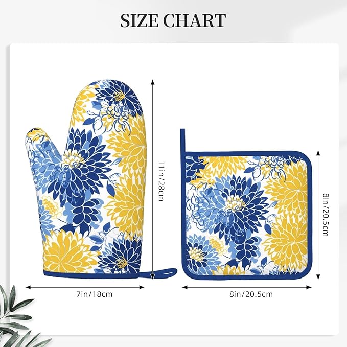 Oven Mitts and Potholders Watercolor Blue and Yellow Flowers Silicone Glove Heat Resistant, Kitchen Gloves for Cooking, 2-Piece Set