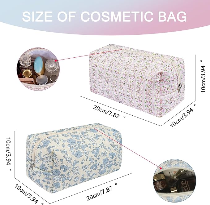 Gosect 2 Pack Floral Makeup Bag, Cute Cosmetic Bag for Women Girls, Quilted Cotton Make up Pouch, Travel Makeup Bags, Portable Storage Toiletry Organizer Bag(Pink+Navy Blue)