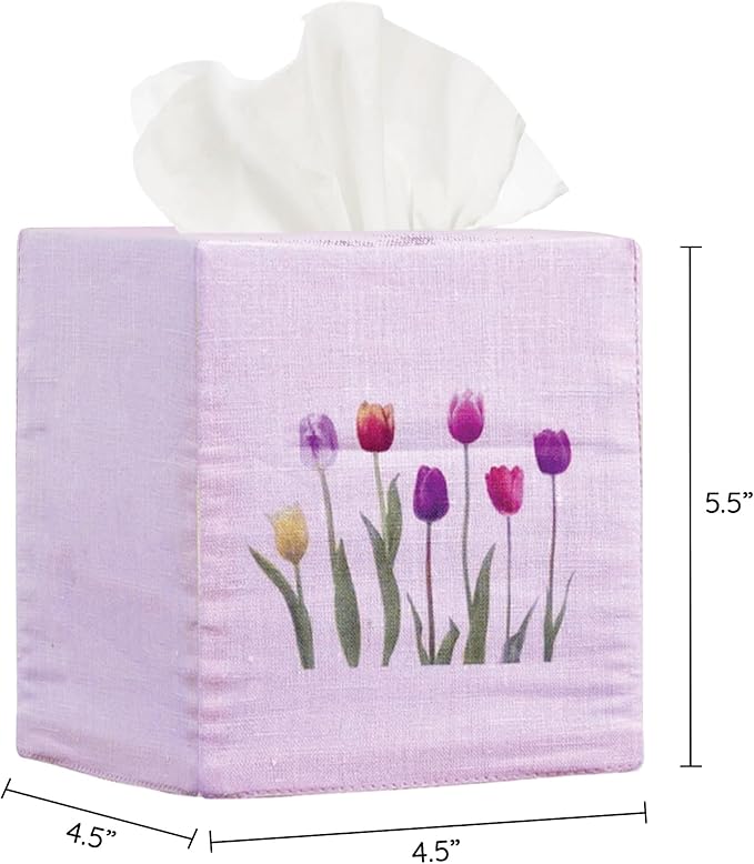 EmbroideryLinen.VN Tissue Box Cover Set of 2, Square Linen Tissue Holder, Printed Floral Design, 4.5x4.5x5.5 Inches, Decorative Holder for Bathroom, Living Room, Office (Tulip & Hydrangea)