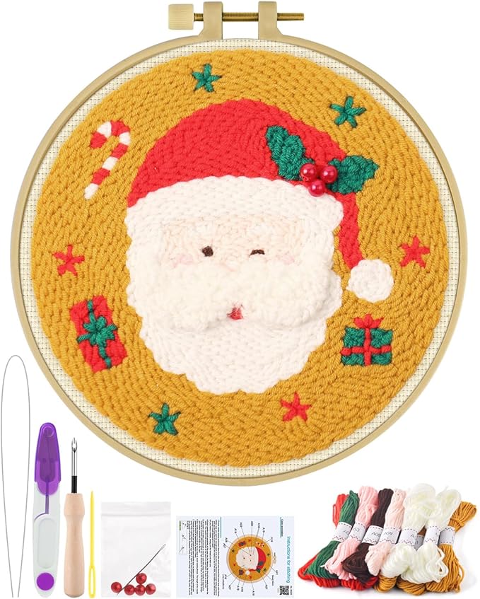 ERKOON Christmas Punch Needle Kit Adults Beginners, DIY Easy Christmas Embroidery Set for Starter Art Craft, Needling Punch Project with Patterns, Tools, Yarns, Hoop, Instruction (Santa Claus)
