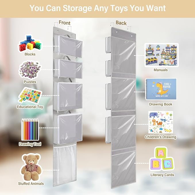 Woodoulogy Over Door Organizer and Storage, Hanging Toy Holder with 4 Clear Removable Pouches, Toddler Room Wall Stuffed Animal Bag Case, Kids Playroom Closet Organization for Building Block, Puzzle