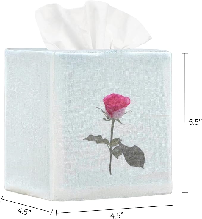 EmbroideryLinen.VN Tissue Box Cover Set of 2, Square Linen Tissue Holder, Printed Floral Design, 4.5x4.5x5.5 Inches, Decorative Holder for Bathroom, Living Room, Office (Rose)