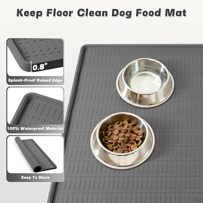 47" x 35" Silicone Dog Food Mat, Waterproof Pet Feeding Mat with Raised Edge, Extra Large Dog Bowl Mat Non-Slip Water Bowl Placemats for Dogs, Protects Floors, Easy to Clean (Dark Gray)