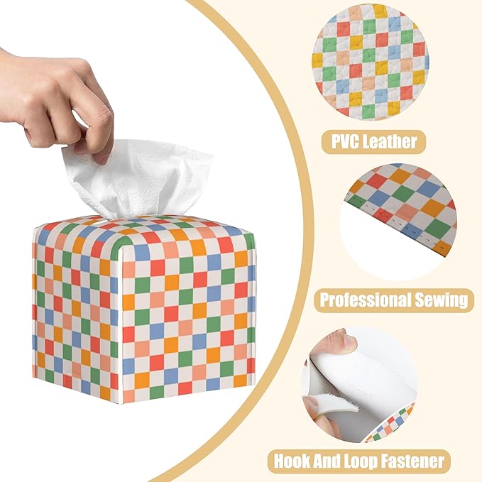 Retro Leather Tissue Box Holder Colorful Checkerboard Tissue Box Cover Facial Paper Case Organizer Cube Napkin Dispenser for Bathroom Vanity Countertop Night Stand Office Car