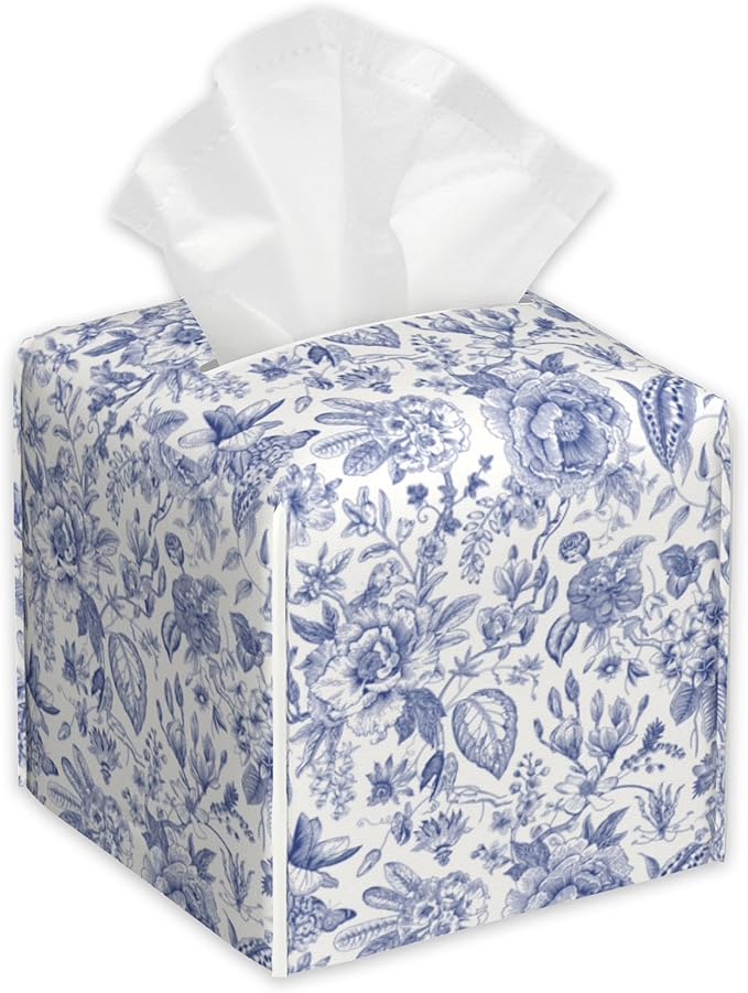 Vintage Blue Floral Tissue Box Holder,Cube Tissue Box Cover Holder,Leather Facial Paper Organizer Dispenser Home for Bedroom Night Stands,Kitchen,Office and Car,5.2"×5.2"×5.2"