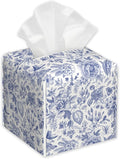 Vintage Blue Floral Tissue Box Holder,Cube Tissue Box Cover Holder,Leather Facial Paper Organizer Dispenser Home for Bedroom Night Stands,Kitchen,Office and Car,5.2"×5.2"×5.2"