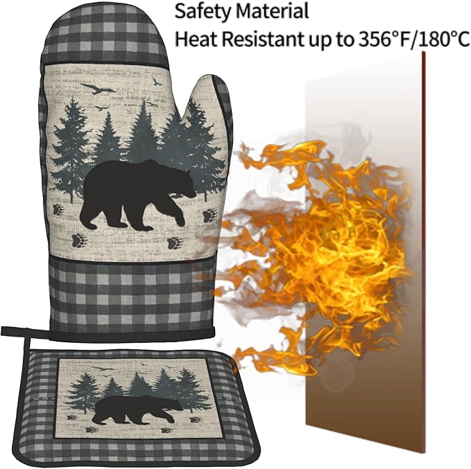 Rustic Vintage Bear Oven Mitt and Pot Holders 2Pcs Sets Heat Resistant Forest Cabin Wildlife Kitchen Gloves Potholder Farm Buffalo Plaid Hot Pads for Chef Cooking, Baking, Grilling