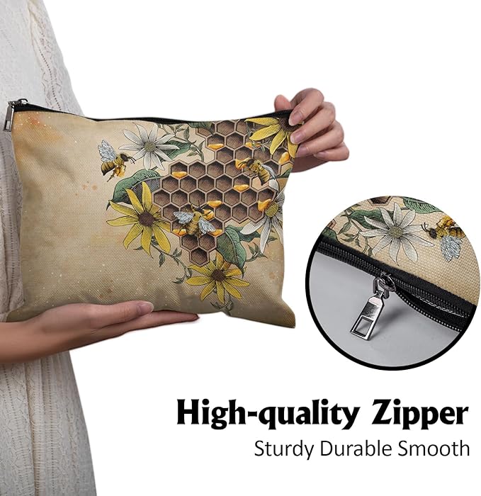 Cafl Retro Bee Makeup Bag Travel Large Honey Hive Cosmetic Bag Organizer toiletry Essentials Jewelry Zipper Bag Gift For Women -10×8 inch