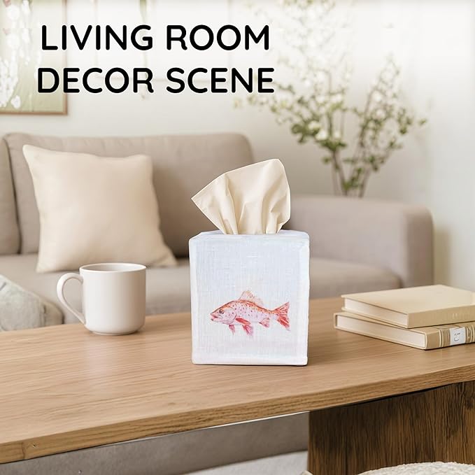EmbroideryLinen.VN Tissue Box Cover Set of 2, Square Linen Tissue Holder, Printed Animal Pattern, 4.5x4.5x5.5 Inches, Decorative Holder for Bathroom, Living Room, Office (Fish)
