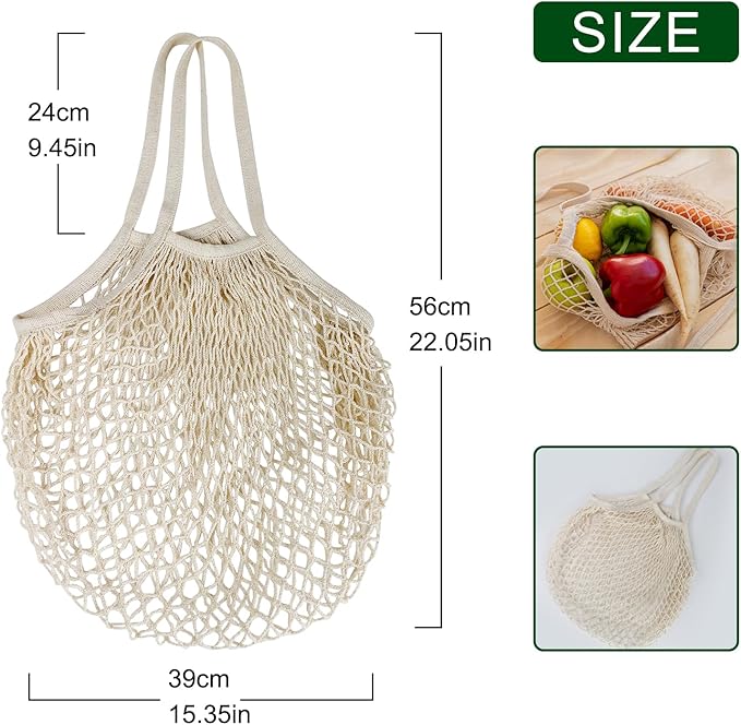 Mordx 2-Pack Reusable Mesh Grocery Bags, 100% Cotton String, Long Handle Produce Bags, Fruit & Veggie Storage