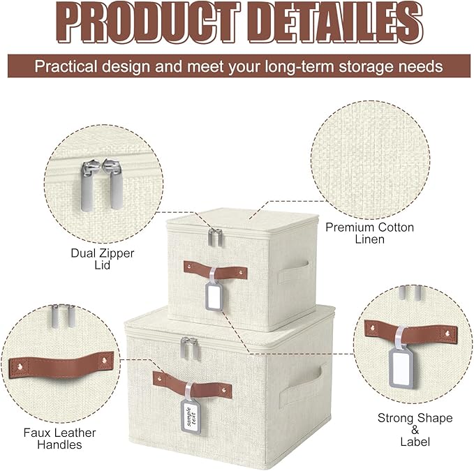 Fiwochic 6 Pack Fabric Storage Bins with Lids and Label, 10×8×7Inch Foldable Cotton Linen Cute Storage Boxes with PU Leather Handles for Closet, Bedroom, Shelf, Nursery, Beige