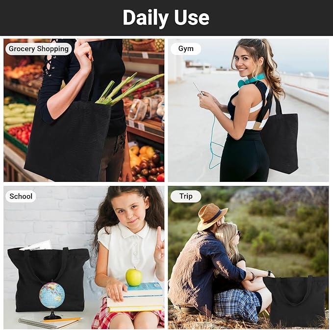 Segarty Black Canvas Tote Bag, 3 Packs 16x15 inch Canvas Bags with Zipper, 12Oz Heavy Duty Reusable Washable Grocery Shopping Bag with Handle, Blank Cotton Bags for Kids DIY Crafts Painting Bulk