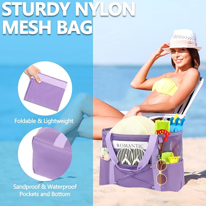 Fammart Mesh Beach Bag, Large Beach Tote with Zipper Pocket for Family Pool Bag for Toys & Vacation Essentials
