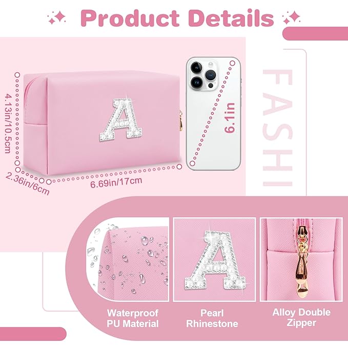 ChaoGreat Bride Gifts – Personalized Initial Makeup Bag with Pearl Rhinestone Patch, Preppy Pink Monogram Cosmetic/Toiletry Pouch, bridesmaid Gifts, Bridal Shower Gifts, Wedding Gifts, Bridal Gifts,A