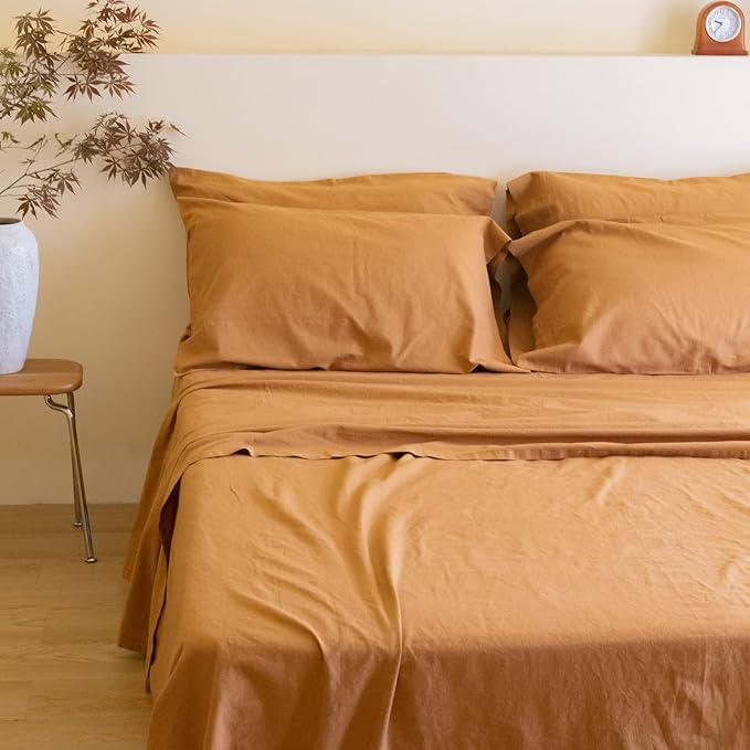 Simple&Opulence Belgian Linen Sheet Set Solid Color - 6 Pieces (1 Flat Sheet & 1 Fitted Sheet & 4 Pillowcases) 16" Deep Pocket Natural Flax Cotton Blended Soft Bedding - Rust, Queen Size