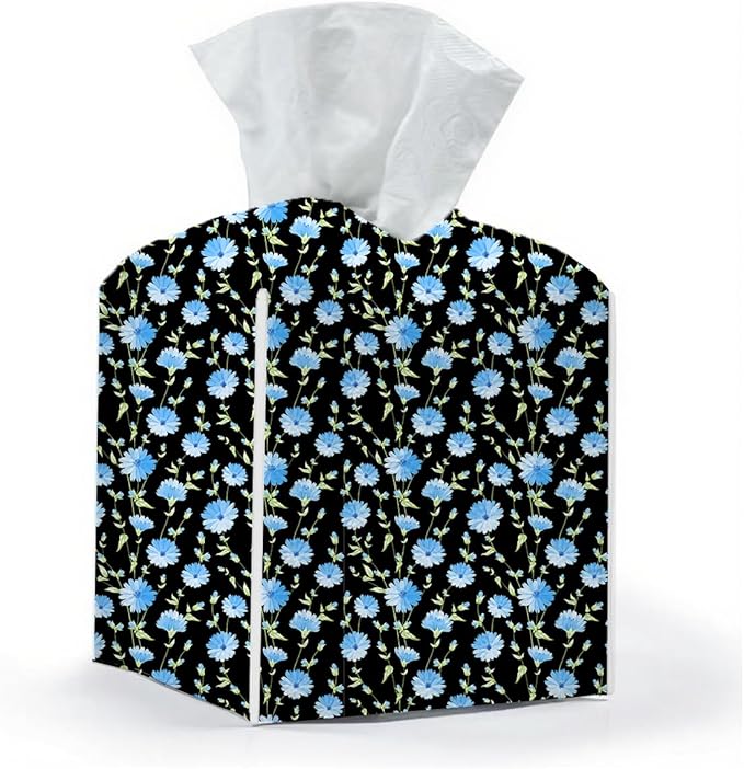 Tissue Box Cover, Tissue Box Holder, Square with Belt Bottom, PU Leather Decorative Organizer for Desk, Tabletop, Countertop Bathroom, Toilet Car, Office, Dresser Bedside, Aesthetic Blue Flower Decor