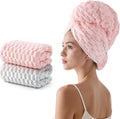 REDKISS 2 Pack Microfiber Hair Towels - Extra Large Hair Towel Wrap for Women, 24x42 inch Pink Hair Towels with Elastic Strap, Super Soft Grey Hair Drying for Long, Curly Anti Frizz Turbans